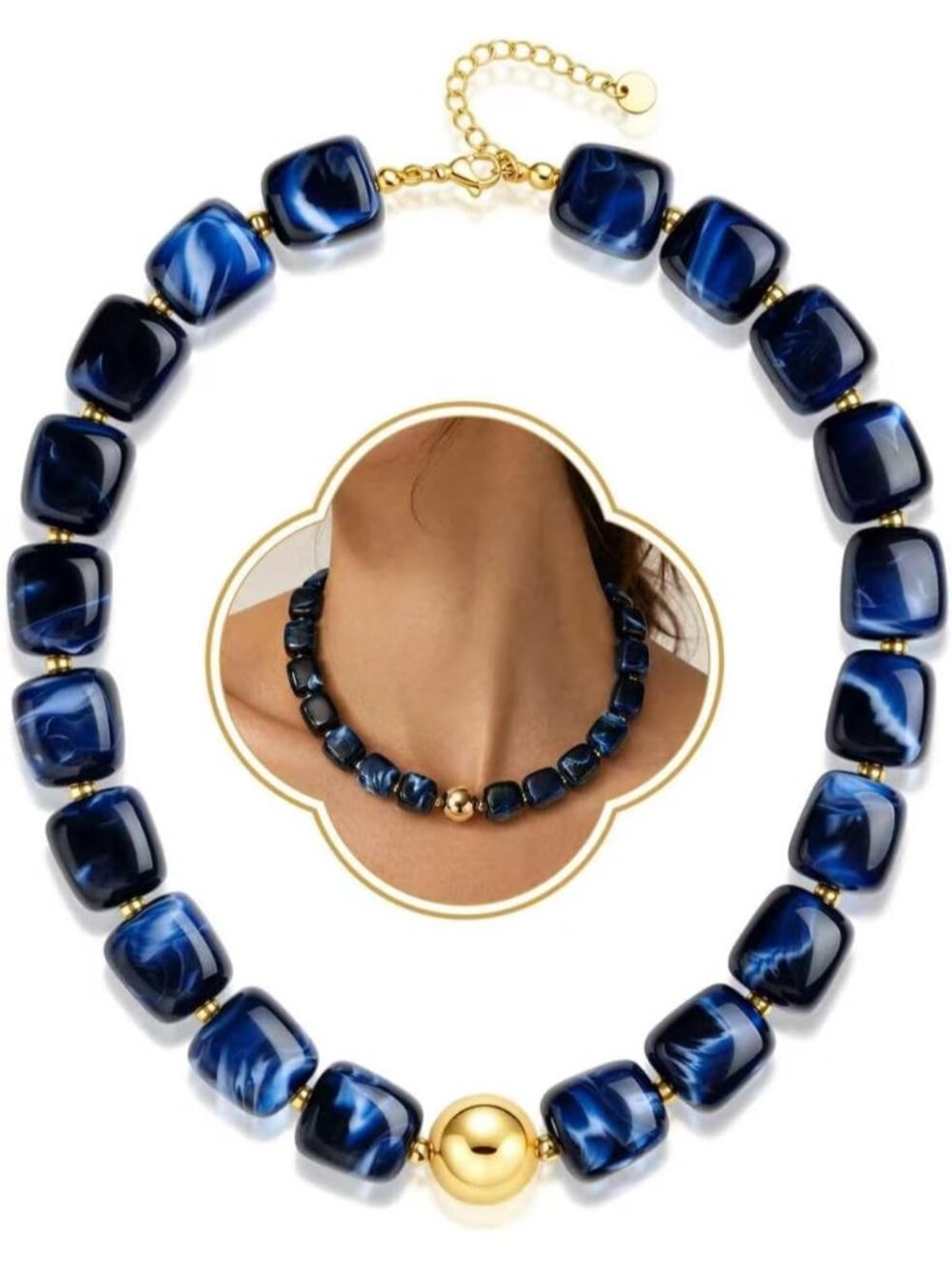 Women's Dark Blue Chunky Beaded Necklace Adjustable Layered Beach Summer Jewelry